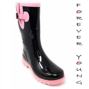 Women Mid Calf Rubber Rain Boots, #6051 Black Pink
